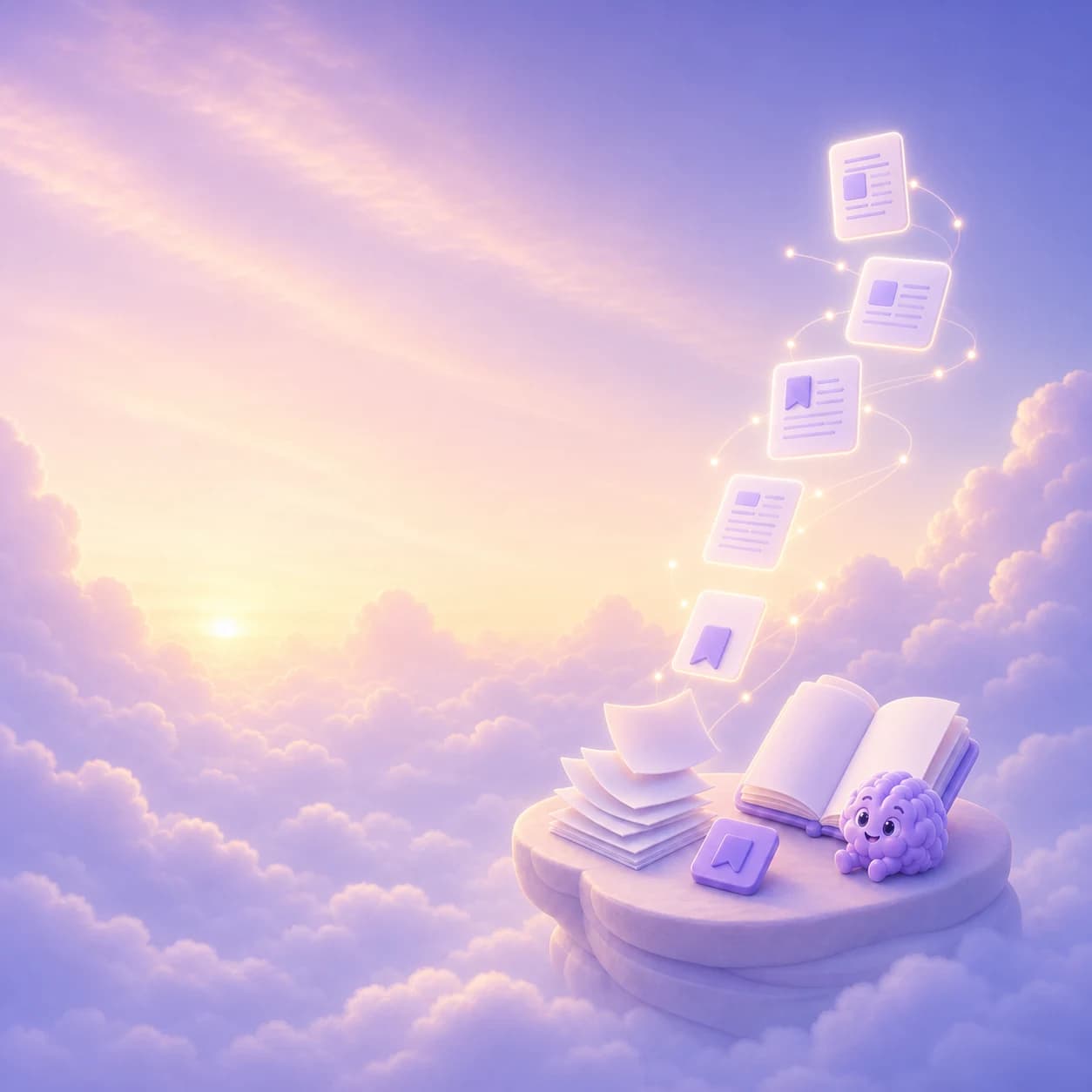 Saved notes becoming an organized trail of connected knowledge above lavender clouds
